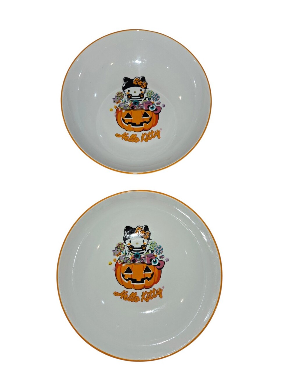 Hello Kitty Set of 2 Serving Bowls with Orange Trim and Halloween Pumpkin Party